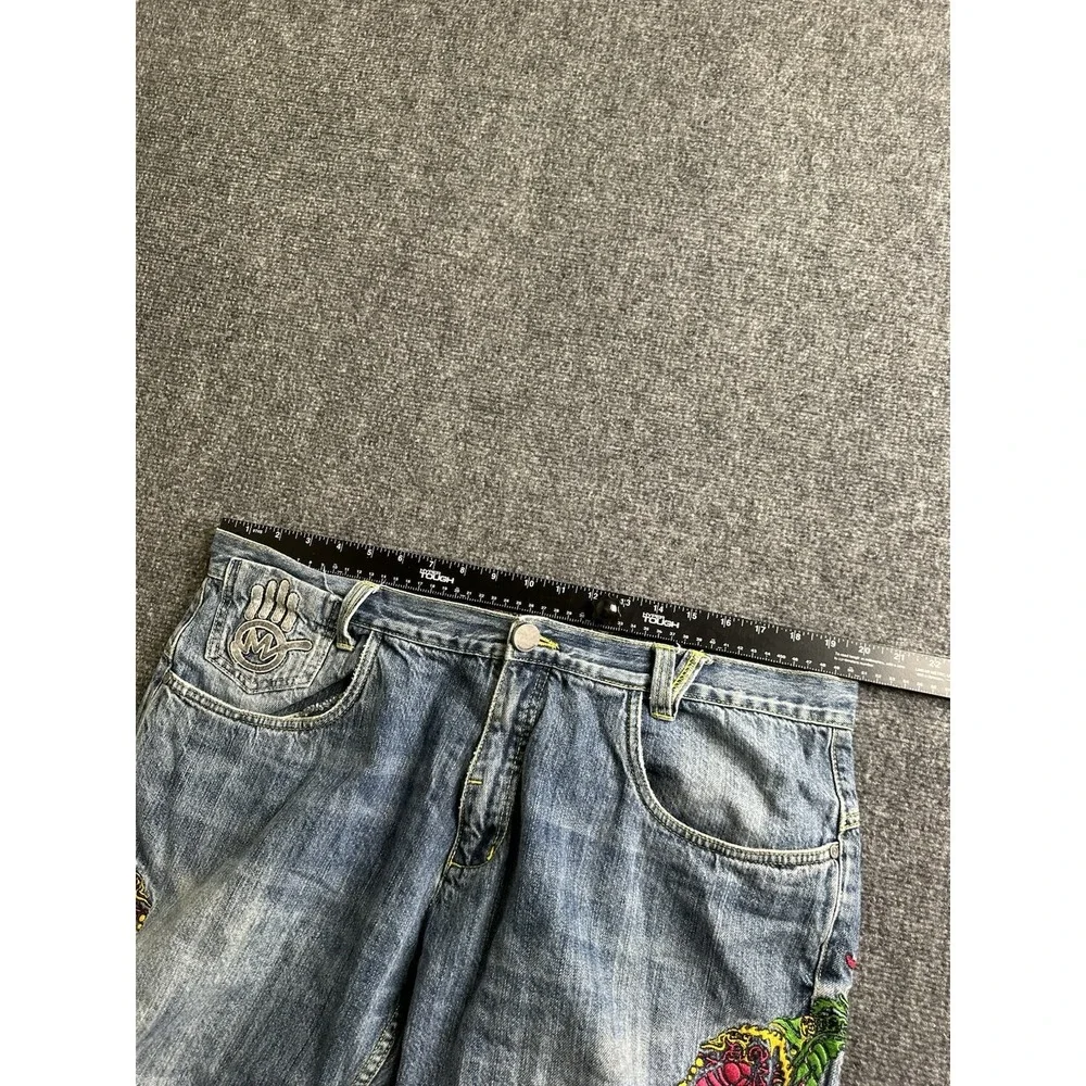 Mens Miskeen Originals Embroidered Skull Dragon Baggy Jeans, Size 40